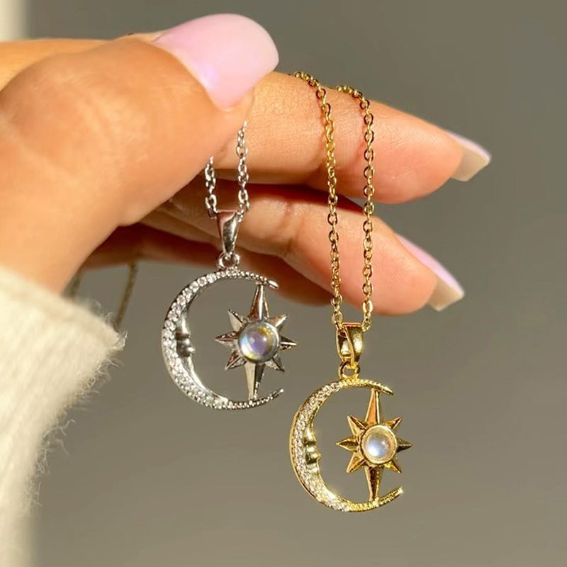 Zircon Crescent Moon and Star Necklace