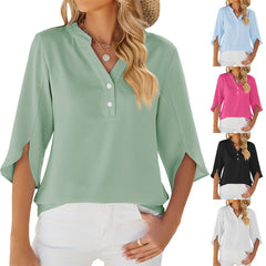 Button V-Neck Chiffon Half Sleeve Blouse