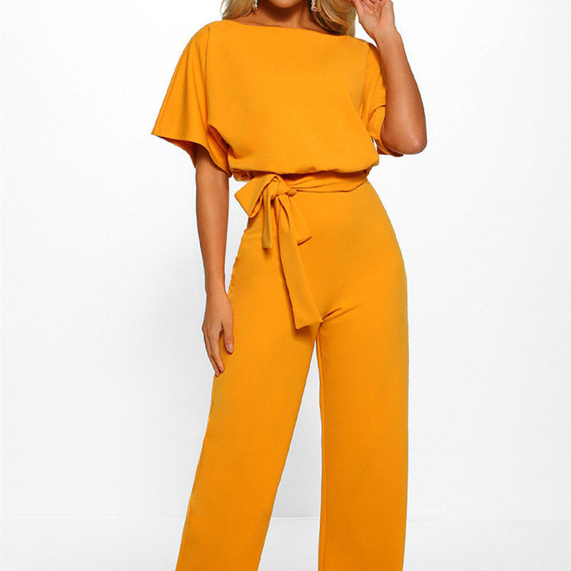 Boat Neck Short Sleeve Jumpsuit with Waist Tie in 7 Colors S-3XL