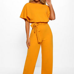 Boat Neck Short Sleeve Jumpsuit with Waist Tie in 7 Colors S-3XL