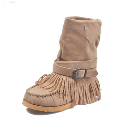 Suede Mid-Calf Moccasin Boots with Tassels