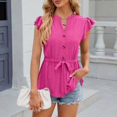 V-Neck Short Sleeve Top with Drawstring Waist