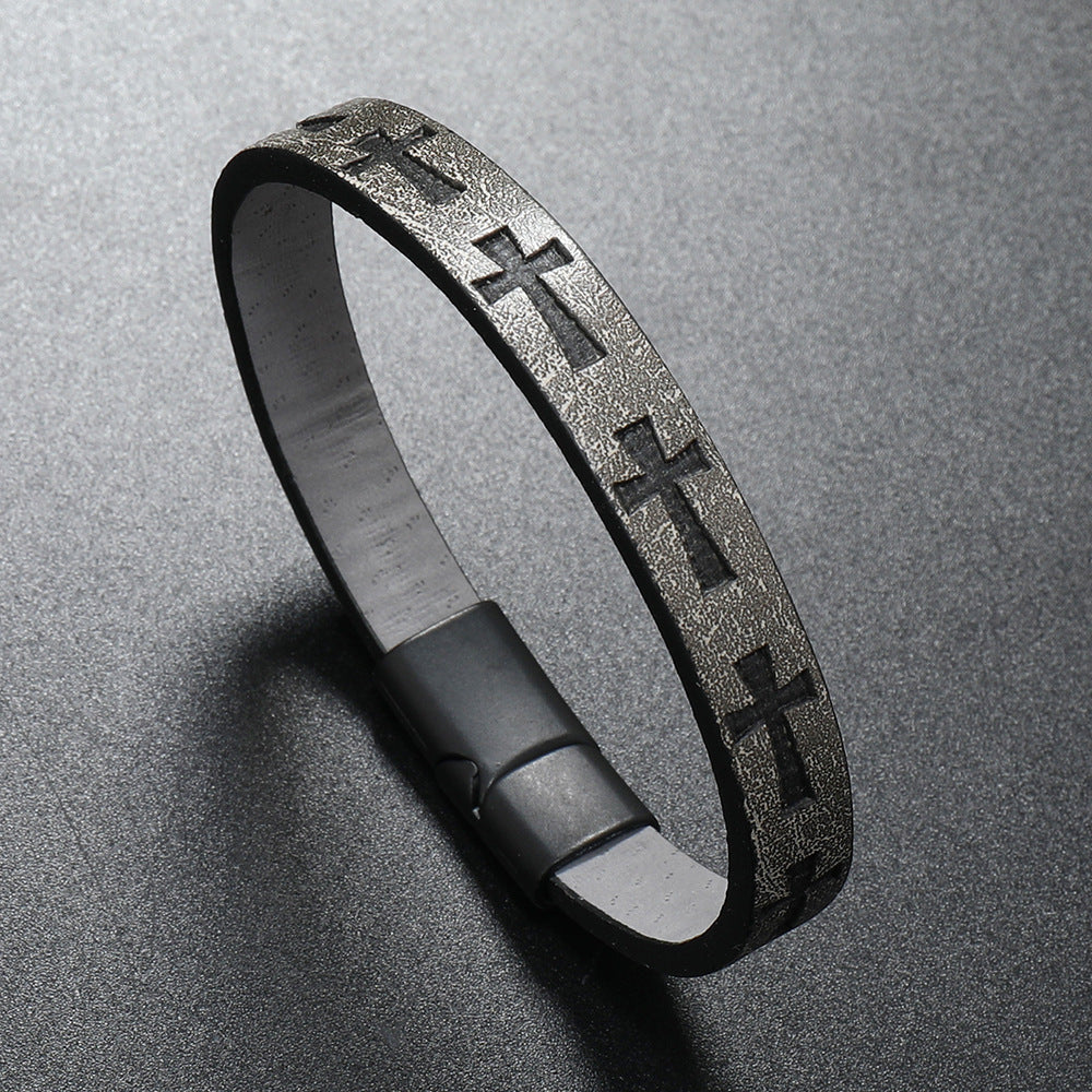 Lederarmband mit Kreuzdruck und Magnetschließe