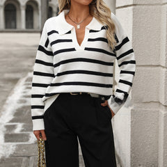 V-Neck Long Sleeve Striped Sweater with Lapel