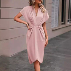 Elegant Pleated V-Neck Short Sleeve Wrap Midi Dress