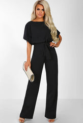 Boat Neck Short Sleeve Jumpsuit with Waist Tie in 7 Colors S-3XL