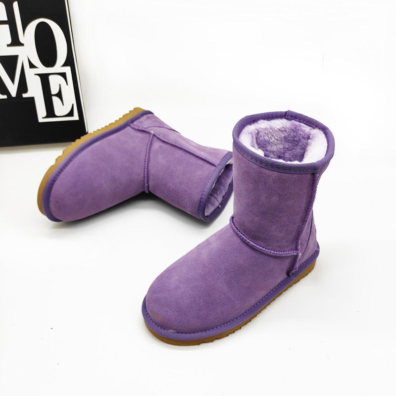 Leather Mid-Calf Flat Heel Snow Boots