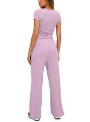 Short Sleeve Top with Matching Drawstring Wide-Leg Pants