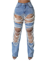 Distressed Pearl Chain Fringe Stretch Denim Jeans