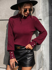 Turtleneck Cuffed Long Sleeve Knit Sweater with Button Detail in 4 Colors Sizes 4-10