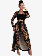 Two Piece Leopard Print Open Cardigan Pants Set