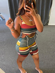 2 Piece Ribbed Knit Sleeveless Rainbow Stripe Romper