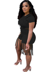 2 Piece Plus Size Knot Front Short Sleeve Top Tassels Shorts