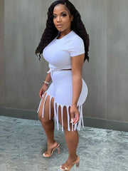 2 Piece Plus Size Knot Front Short Sleeve Top Tassels Shorts