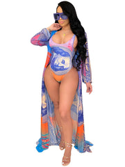 2 Piece Money Print Jumpsuit Bikini Cover Up