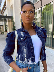 Vintage Button Cropped Destroyed Denim Coat