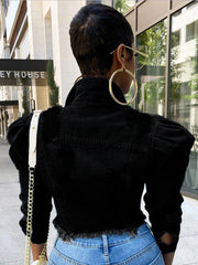 Vintage Button Cropped Destroyed Denim Coat