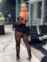 2 Pieces Sheer Mesh Off Shoulder Crop Top Leggings