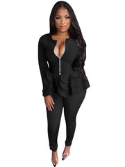 Two Piece Zipper Ruffle Hem Jacket Pants Sets