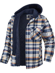 Men's Plaid Flannel Quilted Lined Hooded Jacket in 4 Colors S-XXXXL