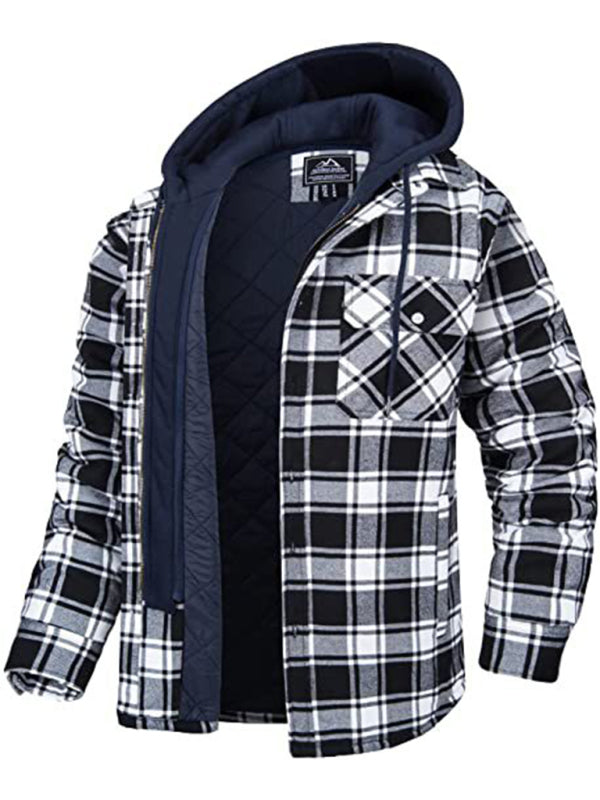 Men's Plaid Flannel Quilted Lined Hooded Jacket in 4 Colors S-XXXXL