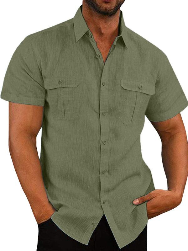 Men's Buttoned Short Sleeve Top with Lapel and Pockets