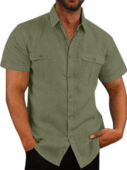 Men's Buttoned Short Sleeve Top with Lapel and Pockets