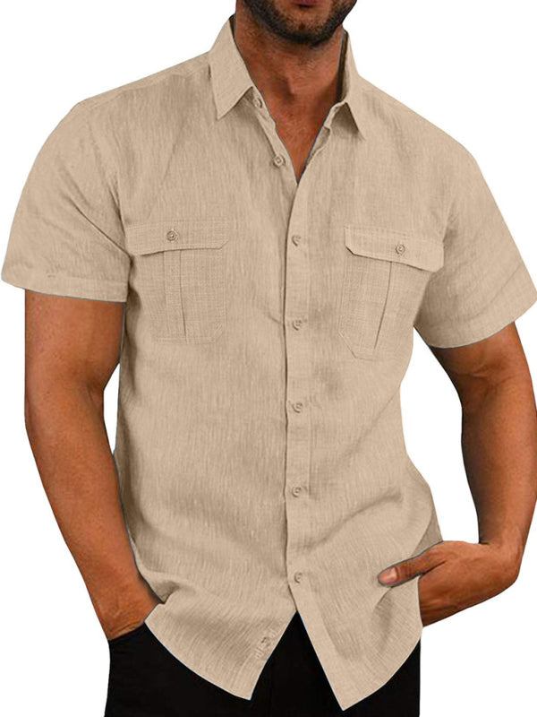 Men's Buttoned Short Sleeve Top with Lapel and Pockets