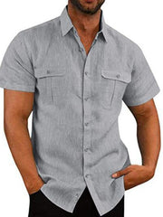 Men's Buttoned Short Sleeve Top with Lapel and Pockets