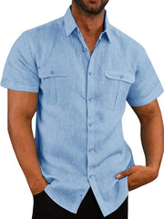 Men's Buttoned Short Sleeve Top with Lapel and Pockets
