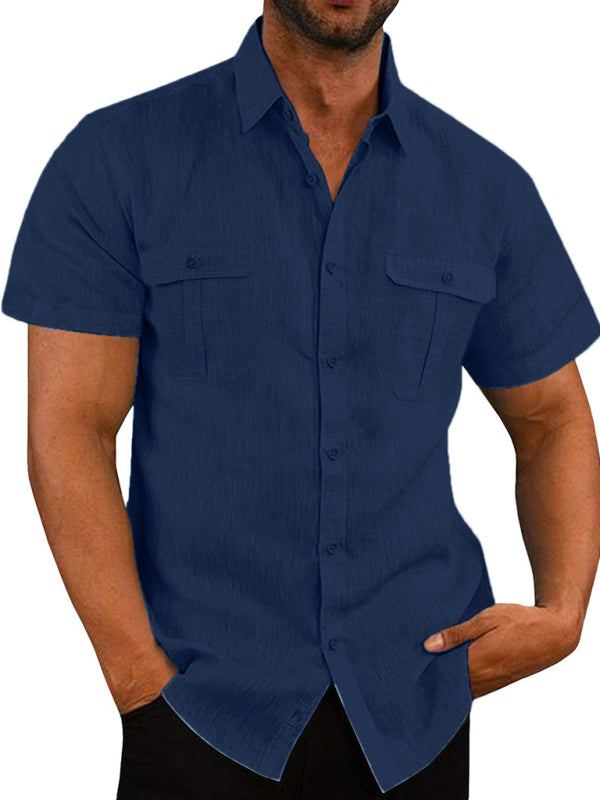 Men's Buttoned Short Sleeve Top with Lapel and Pockets