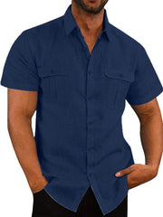 Men's Buttoned Short Sleeve Top with Lapel and Pockets