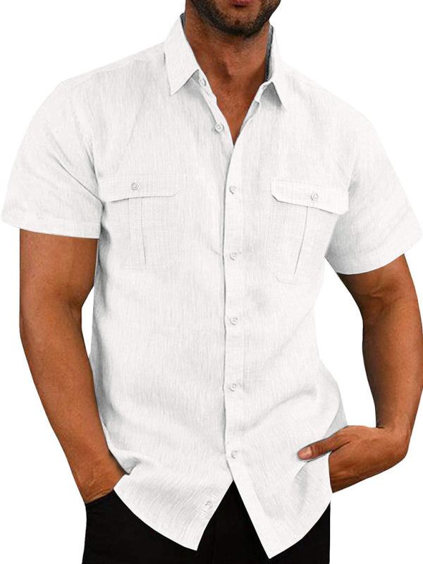 Men's Buttoned Short Sleeve Top with Lapel and Pockets