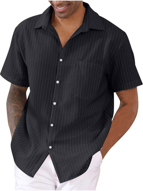 Striped Button-Up Short Sleeve Men's Shirt with Lapel and Pocket