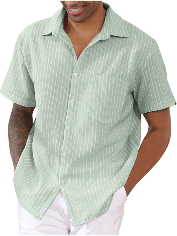 Striped Button-Up Short Sleeve Men's Shirt with Lapel and Pocket