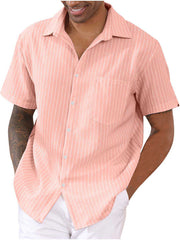 Striped Button-Up Short Sleeve Men's Shirt with Lapel and Pocket
