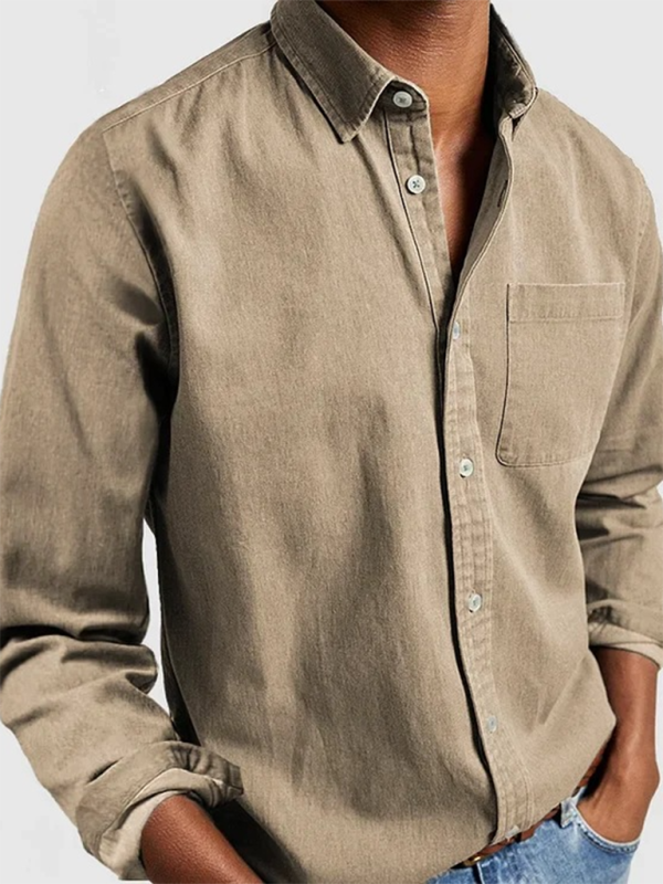 Men's Button-Up Long Sleeve Shirt with Lapel