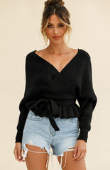 Long Sleeve V-Neck Knit Sweater with Waist Tie in 6 Colors S-XXL