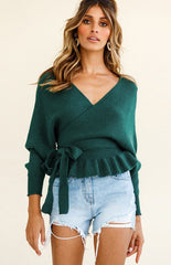 Long Sleeve V-Neck Knit Sweater with Waist Tie in 6 Colors S-XXL