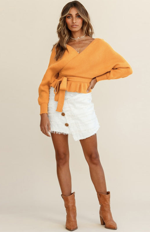 Long Sleeve V-Neck Knit Sweater with Waist Tie in 6 Colors S-XXL