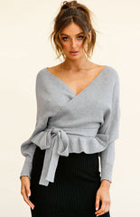 Long Sleeve V-Neck Knit Sweater with Waist Tie in 6 Colors S-XXL