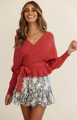 Long Sleeve V-Neck Knit Sweater with Waist Tie in 6 Colors S-XXL