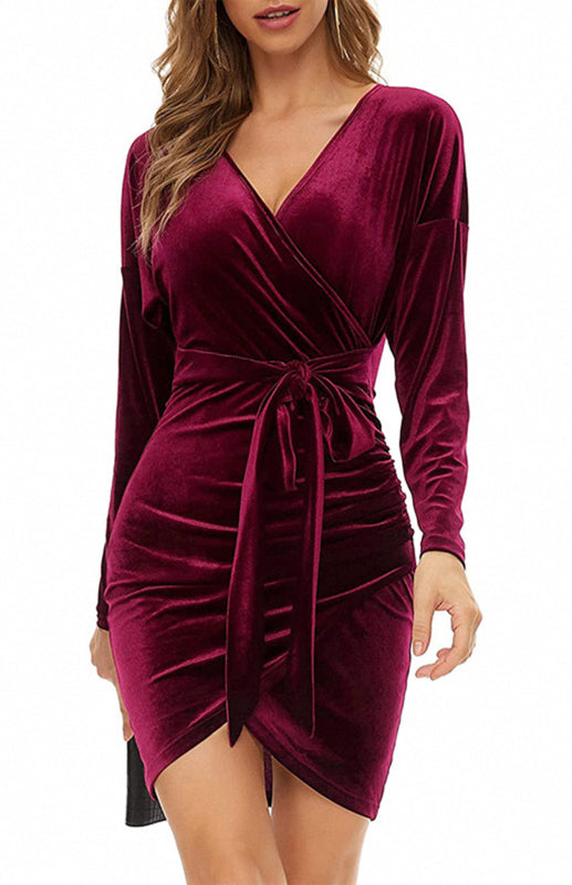V-Neck Slim-Fit Long Sleeve Velvet Dress