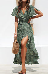 V-Neck Chiffon Printed Dress with Waist Tie and Asymmetric Hem S-XXL