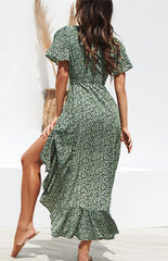 V-Neck Chiffon Printed Dress with Waist Tie and Asymmetric Hem S-XXL