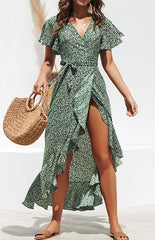 V-Neck Chiffon Printed Dress with Waist Tie and Asymmetric Hem S-XXL