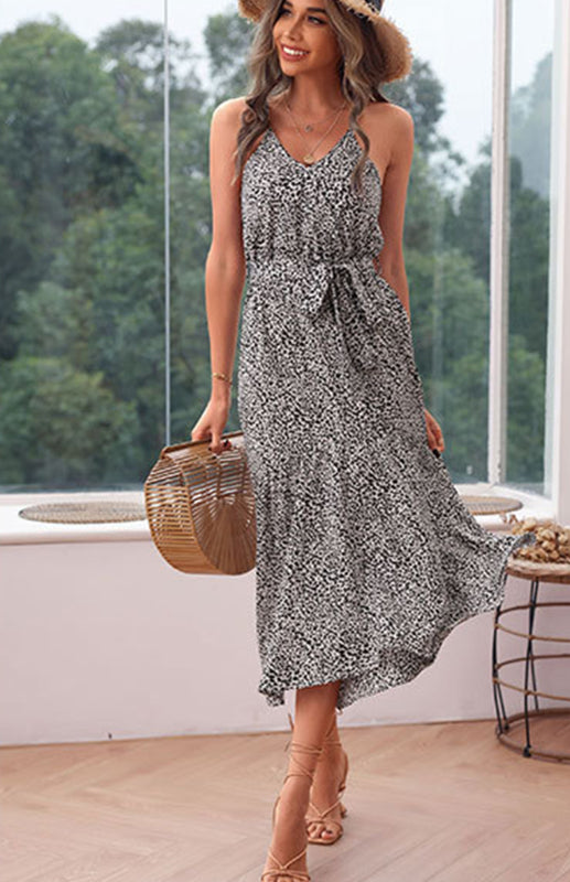 Leopard Print V-Neck Sleeveless Dress with Waist Tie S-XL