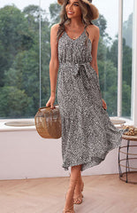 Leopard Print V-Neck Sleeveless Dress with Waist Tie S-XL