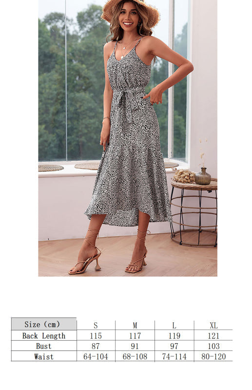 Leopard Print V-Neck Sleeveless Dress with Waist Tie S-XL