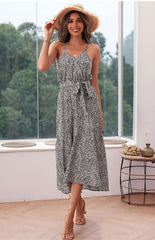 Leopard Print V-Neck Sleeveless Dress with Waist Tie S-XL